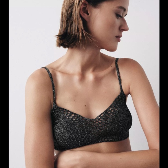 Zara brand new Limited edition Elegant metallic Black Crochet Bralette top